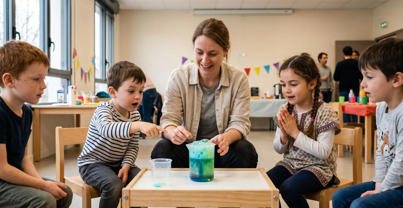 Animatrice professionnelle encadrant une expérience scientifique ludique avec un groupe d'enfants lors d'un anniversaire