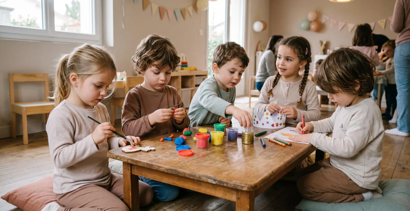 Groupe d'enfants de 4-5 ans réalisant une activité créative autour d'une table basse lors d'une fête d'anniversaire