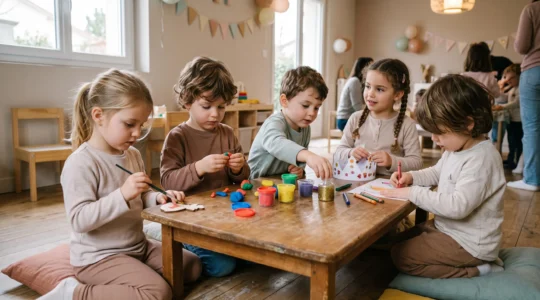 Groupe d'enfants de 4-5 ans réalisant une activité créative autour d'une table basse lors d'une fête d'anniversaire