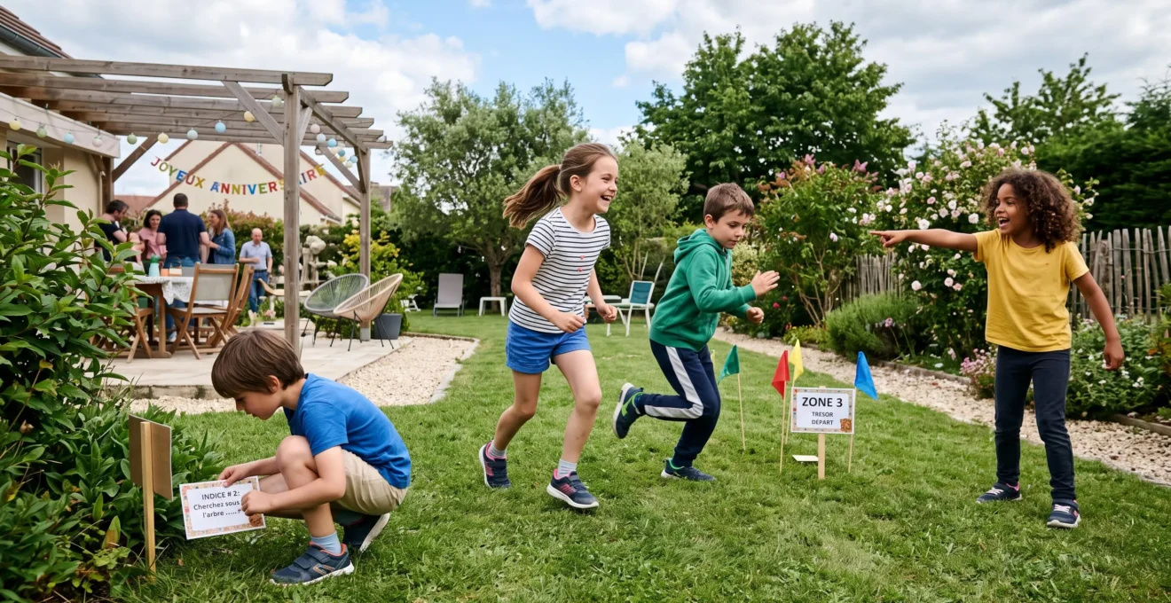 Enfants de 7-9 ans en pleine action lors d'un jeu de chasse au trésor dans un jardin lors d'une fête d'anniversaire
