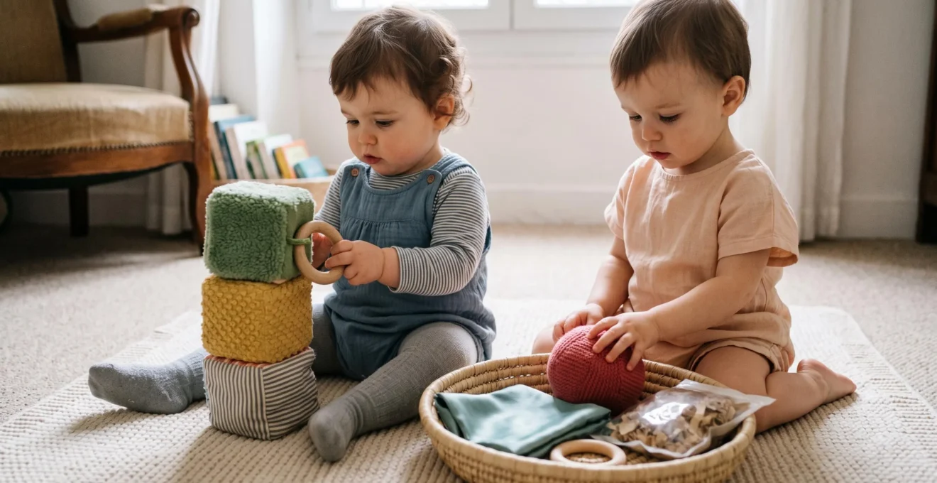 Deux tout-petits de 2 ans explorant des jeux sensoriels sur un tapis de jeu lors d'un anniversaire